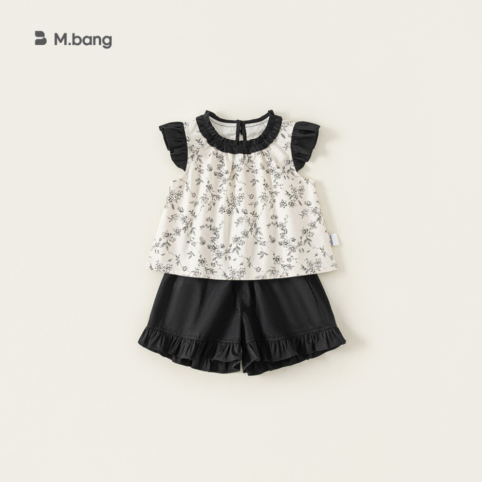 (110Cm)Conjunto De Top Y Pantalones Cortos Florales Mangas Voladoras PequeñAs De Encaje De Verano Para NiñAs PequeñAs-image