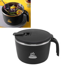 Stainless Steel Instant Noodle Bowl Seal Drain Soup Mug with Lid Phone Holder for Dormitory Office 1300ML Large Capacity Black
