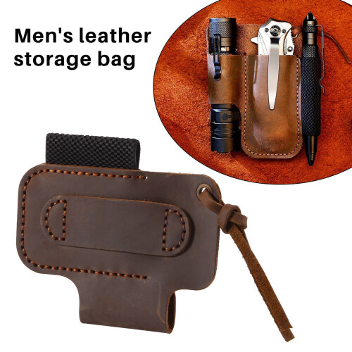 Handmade Leather Sheath Folding Knife Flashlight Holder Brown 2