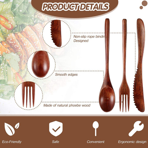 15 Pcs Wooden Spoon Fork Knife Cutlery Set Dinner Utensil Kitchen Flatware Tableware 2