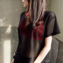 Damen-Mesh-Überzieh-Top, Kurze Ärmel, Schnell trocknend, Lockerer Sitz, Schwarz, Größe S