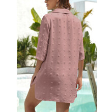 Jacquard Swim Cover Pure Color Side Split V Neck 3/4 Sleeve Swimsuit Cover for Swimming Pool Pink S