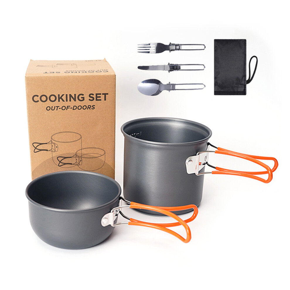 Camping Cookware Set Portable Camp Pot Aluminum Alloy Cooking Pot Knife Fork Spoon Kit Orange Handle Free Size-image-OPC-PHS6KCH-NEW
