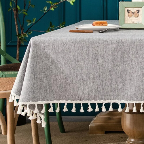 Tassel Tablecloth Waterproof Oilproof Cotton Linen Decorative Dining Table Cloth Rectangular Gray 2