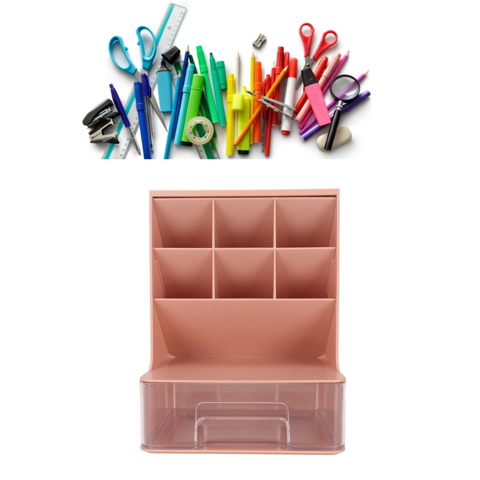 Slant Pen Organizer for Student with Drawer Large Capacity Rounded Corners Desktop Stationary Organizer for School Pink-image-OPC-PHS6NFN-NEW