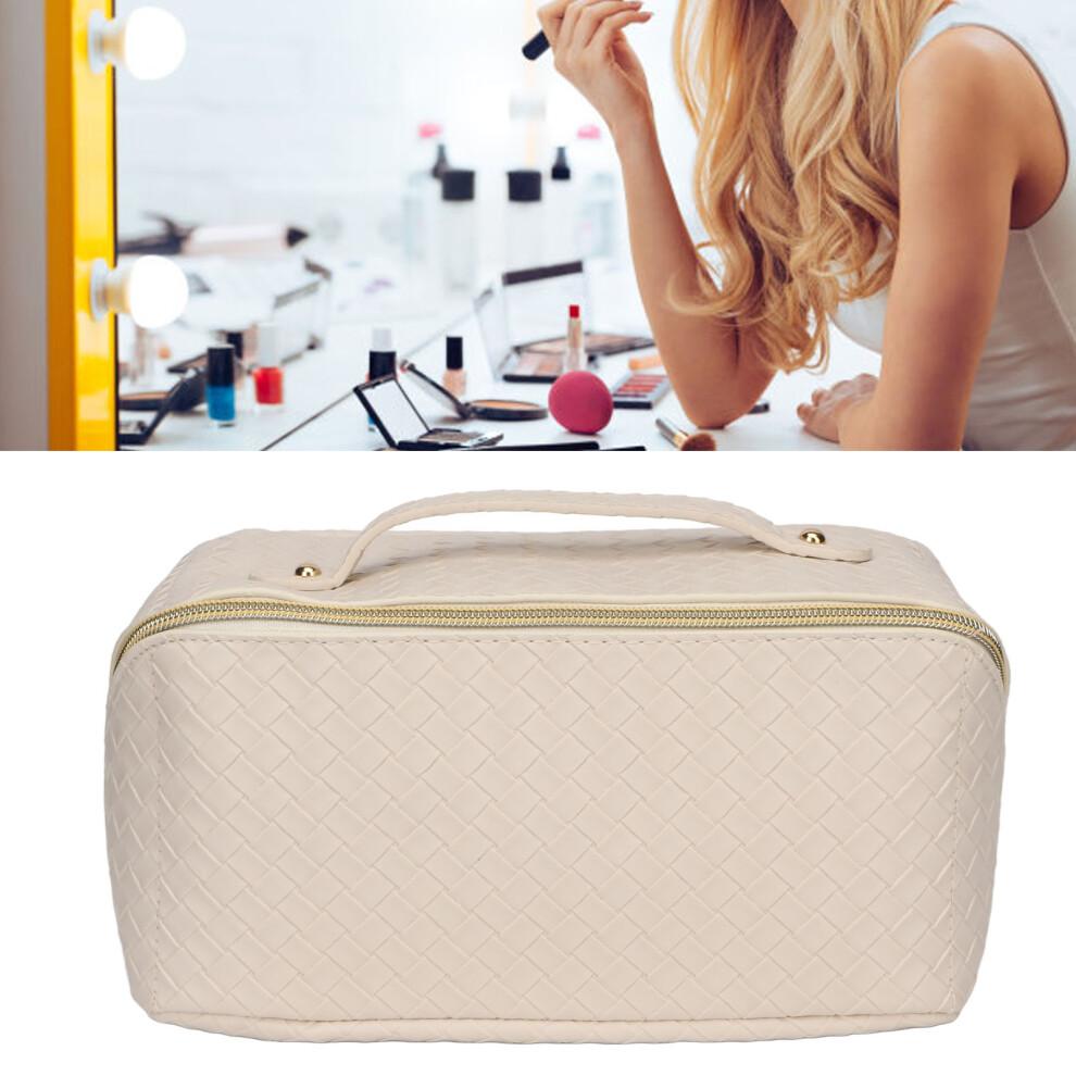 White Makeup Storage Bag Pu Leather Woven Pattern Zipper Closure Cosmetic Organize Pouch For Travel