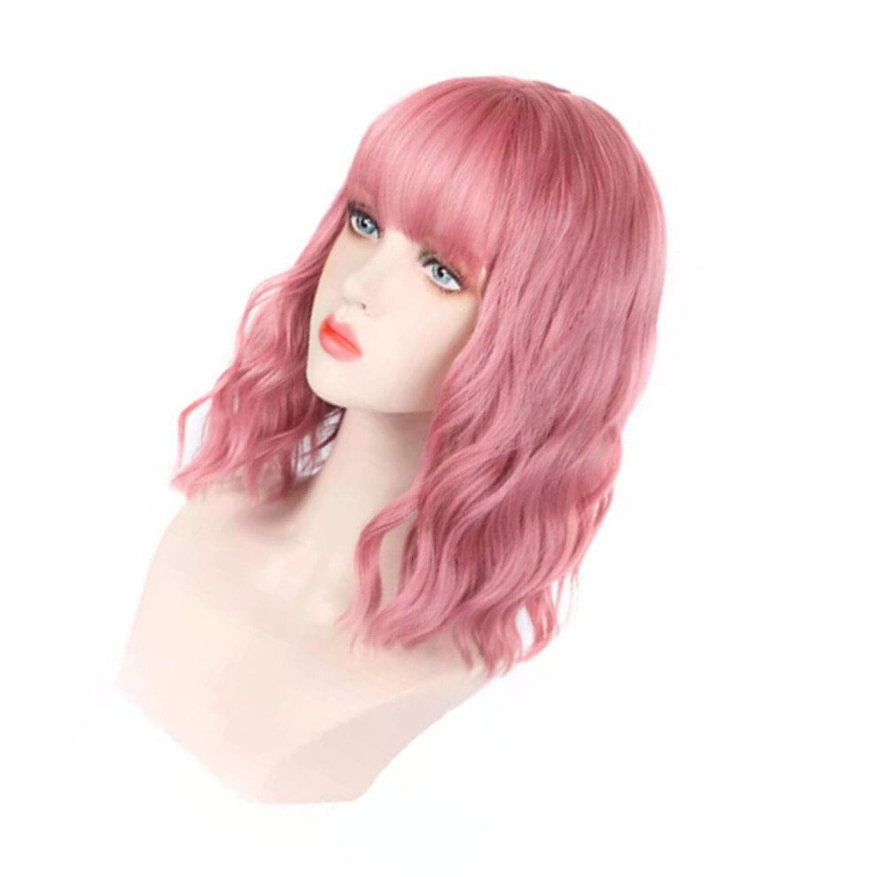Unisex Pink Fake Curly Wig Synthetic Soft Breathable Short Curly Wavy Hair Wig With Bang For Women Female Light
