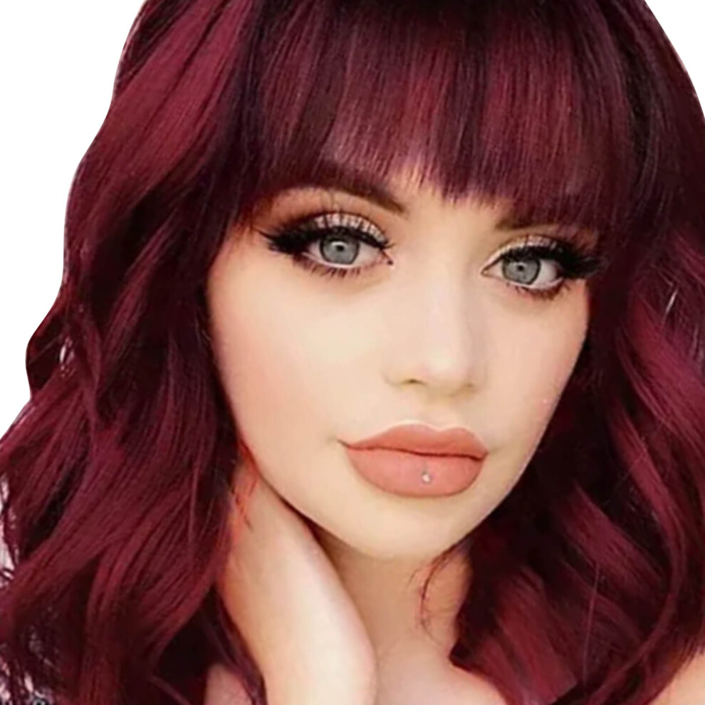 Unisex Red Short Wavy Wine Wigs With Bang Heat Resistant Synthetic Soft Realistic Looking Curly Bob Wig