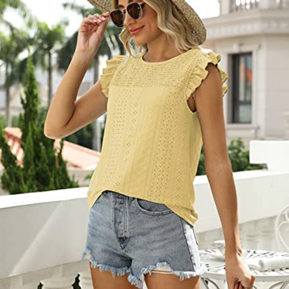 Women Ruffle Sleeve Top Round Neck Stylish Breathable Summer T Shirt Blouse for Everyday Wear Yellow S