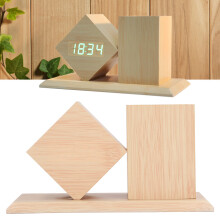 Pen Holder Clock Voice Control HD LED Display USB Battery Powered Wooden Digital Alarm Clock with Thermometer