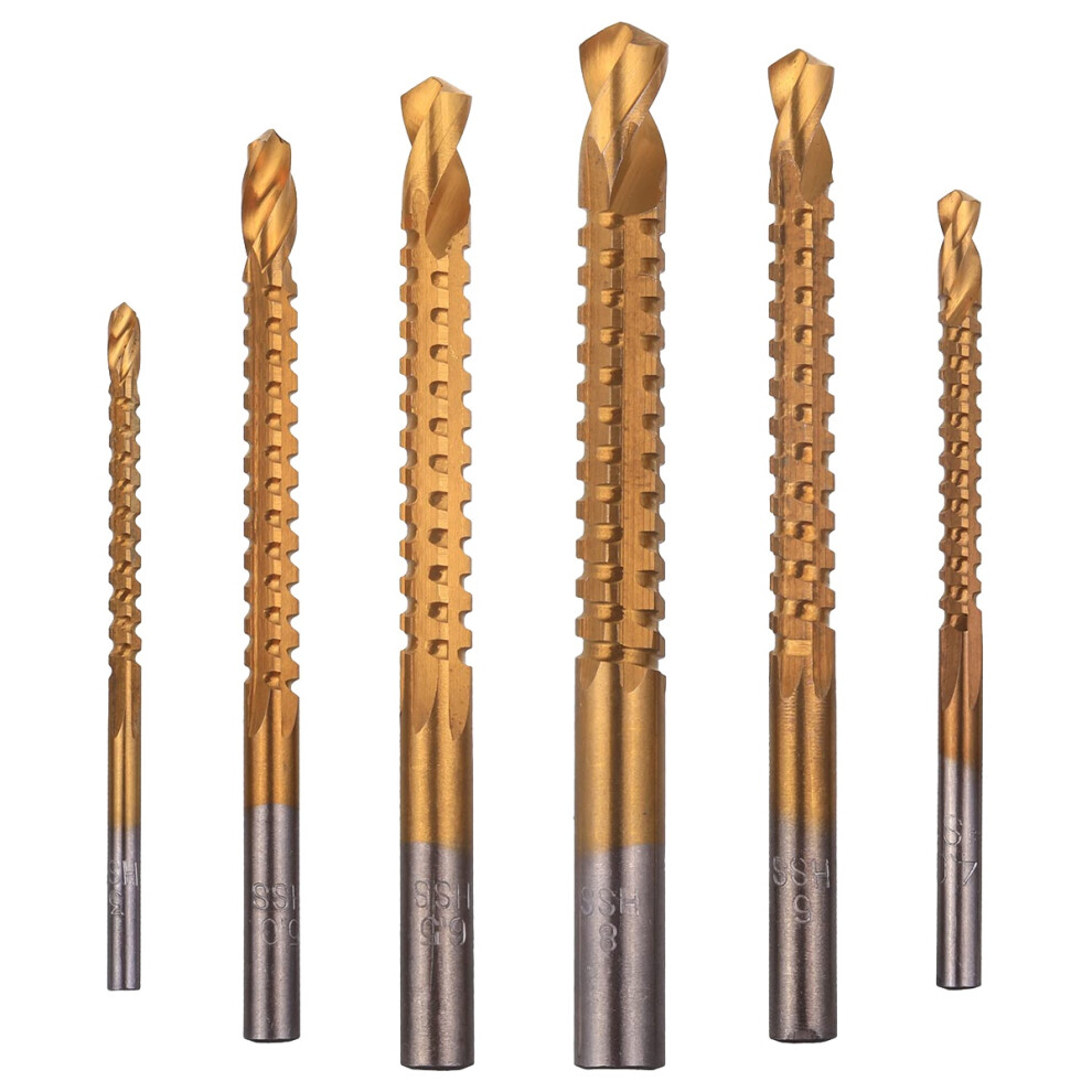 6 Pack Titanium Coated Hss Twist Bits, 3-8Mm Serrated Side Cut Bits Woodworking Tools For Plastic Metal Wood Holes 4851034686090