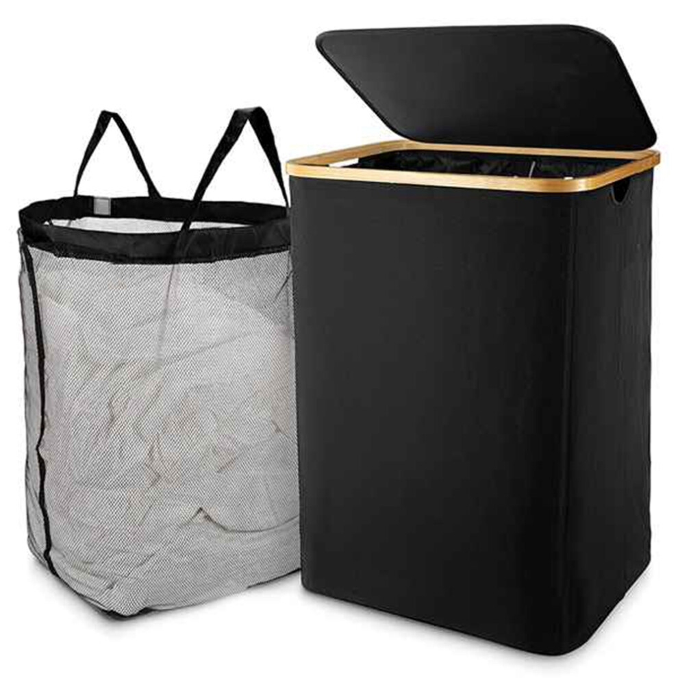 Panier à linge avec couvercle, sac amovible noir – Trieur pour salle de bain et chambre