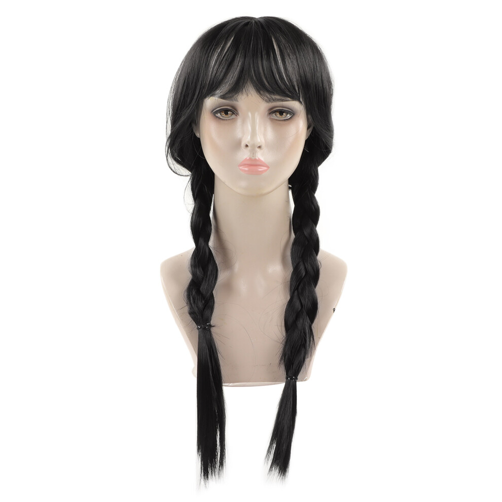 Unisex Black Long Double Braid Wig Synthetic Simulated Scalp Heat Resistant Adjustable Cosplay Braided Wig With Bangs