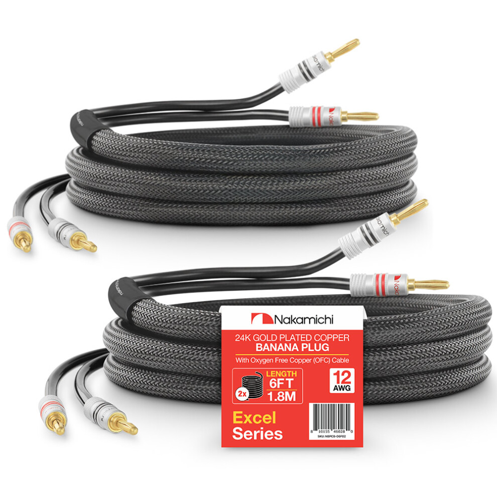 (12 Awg (1.8M), ) Nakamichi Excel Series 24K Plated Banana Plug With 12Awg Cl2 Rated Speaker Cable 99.9% Ofc Heavy Duty Braided For Amplifie Black/Gold 810155460280