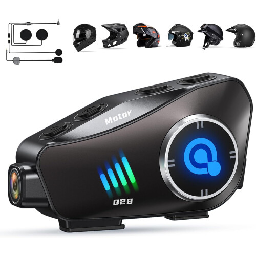 Motorcycle Helmet Headset with HD Camera 1080P Video, Hands-Free Communication with Soft and Hard Mic(Black)