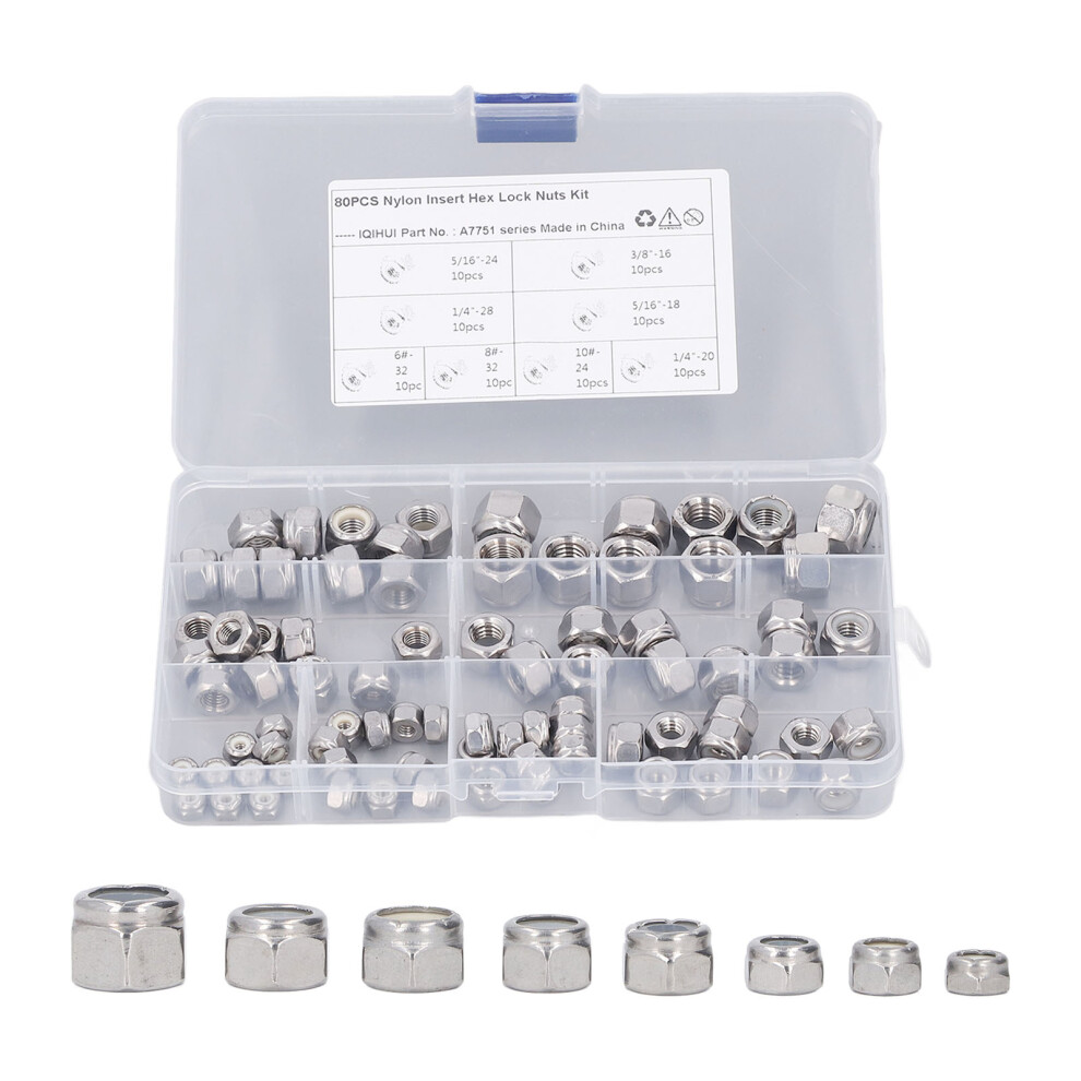 80Pcs Hex Nuts Assortment Kit 304 Stainless Steel Lock Nuts With Nylon Insert 8 Specifications 4981317989263