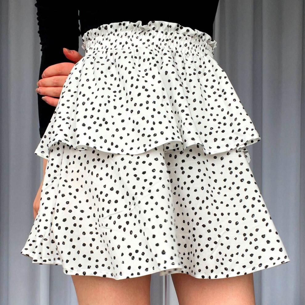 Layered Ruffle Skirt Dot Printed Tiered Short Elastic Waisted Women Ruffle Hem Skirt for Summer White M