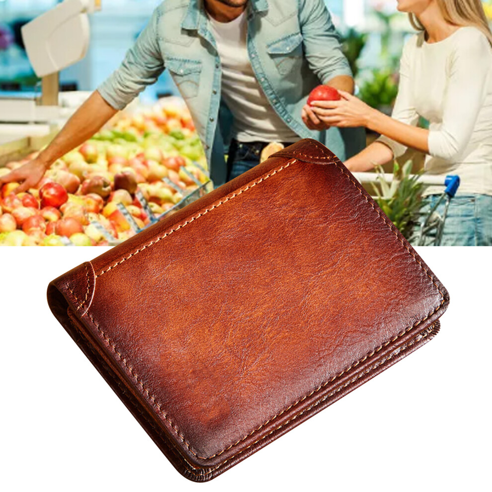 Trifold Wallet Retro Style Large Space Multi Card Slots Men Leather Wallet Coin Purse Yellowish Brown