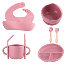 Baby-Fütterset 6-tlg. aus Silikon, Ziegelrot, mit Tellern, Schüsseln, Löffeln, Gabeln, Lätzchen