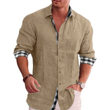 Herren Khaki Langarm Hemd mit Karo-Innendruck, casual, mit Knopfverschluss, Größe M