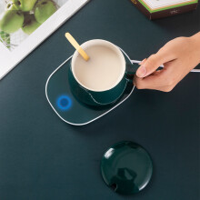 Cup & Warmer Set: Even Heating Ceramic Mug Warmer with Lid & Spoon, Constant 55C Temperature, Green