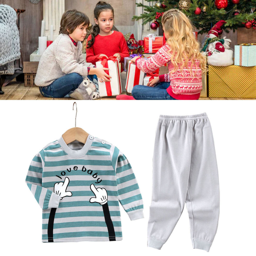 Kids Pajamas Round Neck Long Sleeve Soft Breathable Cute Cotton Children Sleepwear Set for Boys Girls 90cm/35.4in