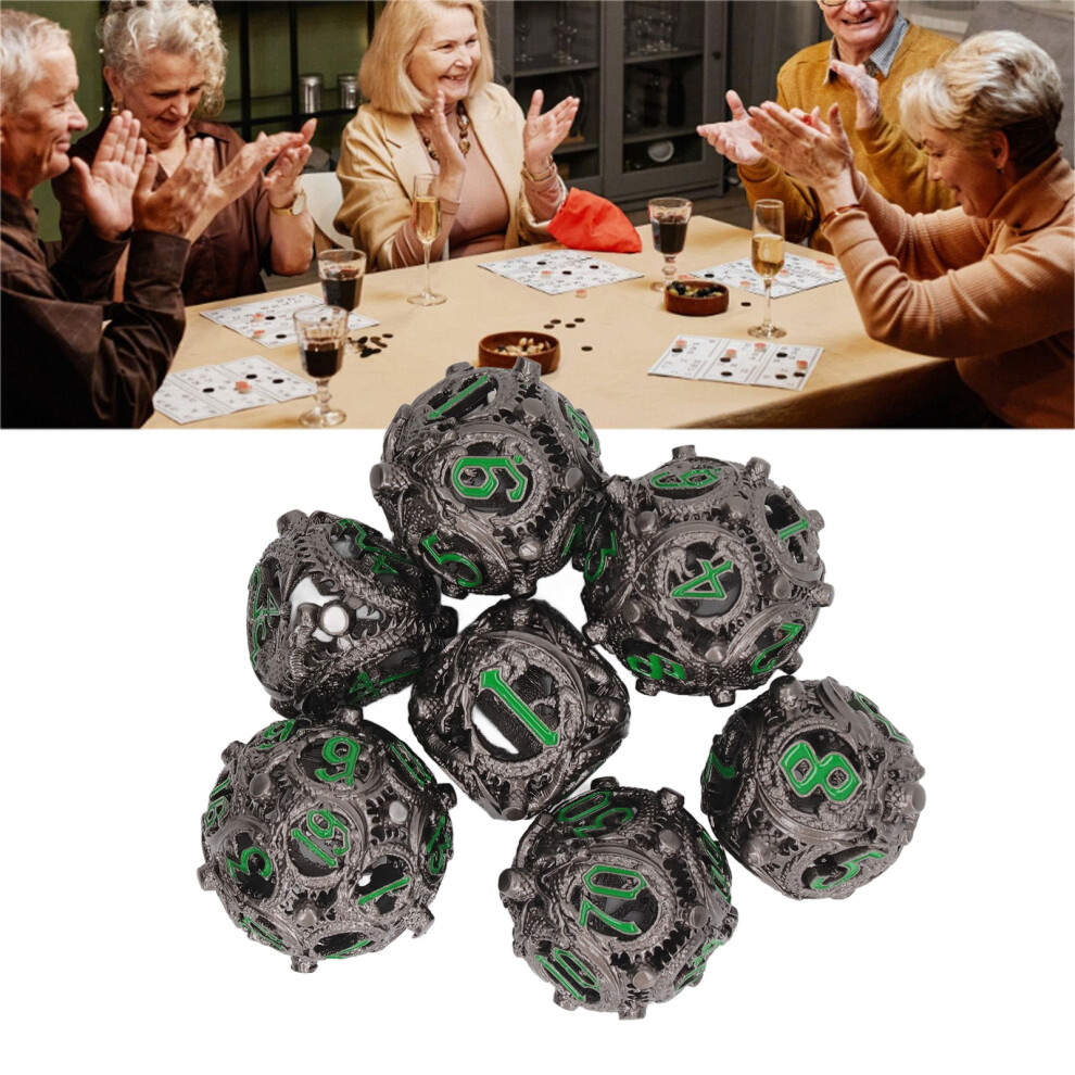7Pcs Hollow Dice Set Copper Portable Balanced Rolling Engraved Metal Polyhedral Dice Set For Board Games Nickel Black/Green