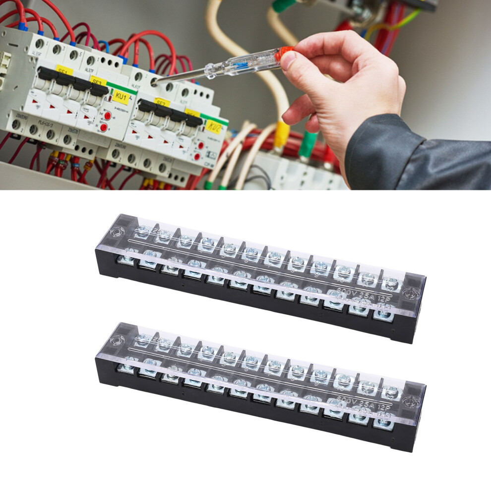 2Pcs Dual Row Screw Terminal Strip Fixed High Current Terminal Blocks With Cover 600V 25A 12 Position (2512) 5011318119532