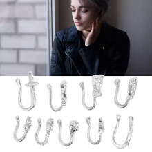9-teiliges silberfarbenes Fake-Nasenringe-Schmuckset – Glänzend, ohne Piercing, Clip für Damen