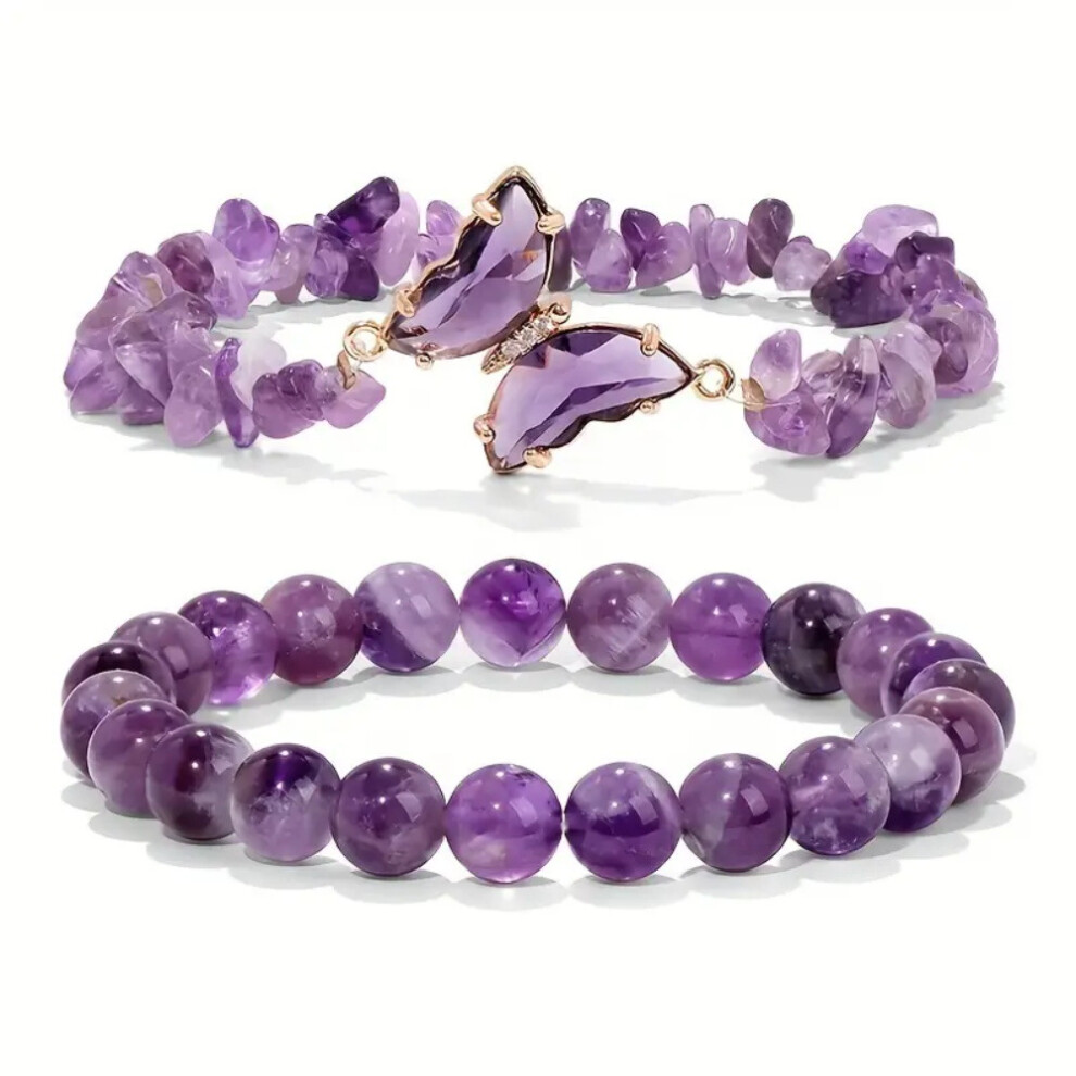 (L0388-Purple) Two Piece Butterfly Natural Crystal Bracelet for Women, Beaded Layered Amethyst Bracelet with Sophisticated Design, Jewelry Accessory