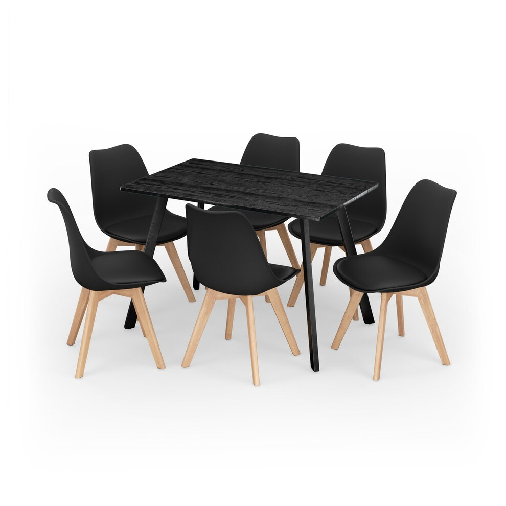 (Black, Black ) Dining Table & 6 Pcs Tulip Chairs Set Modern Wood Metal Bistro Kitchen Furniture