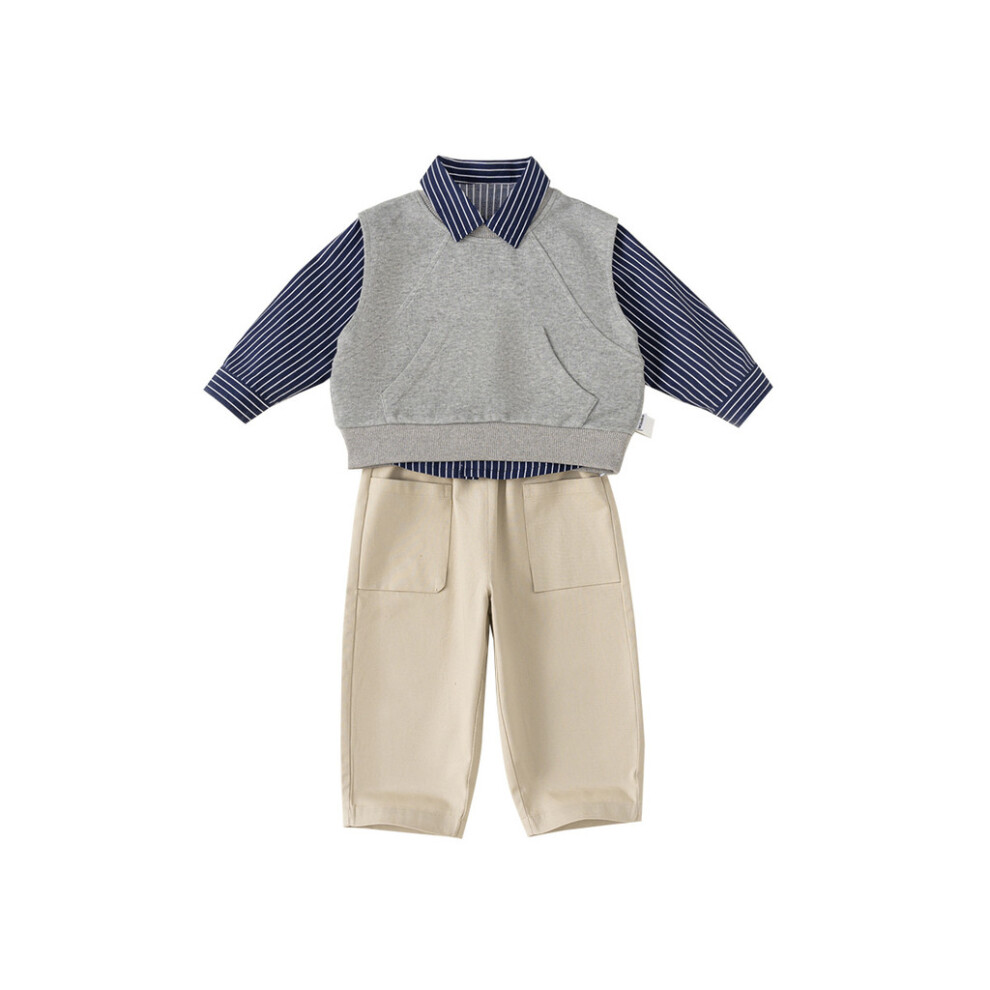 (140CM)Costume garçon avec pantalon long et chemise rayée gilet pour tenue printemps automne