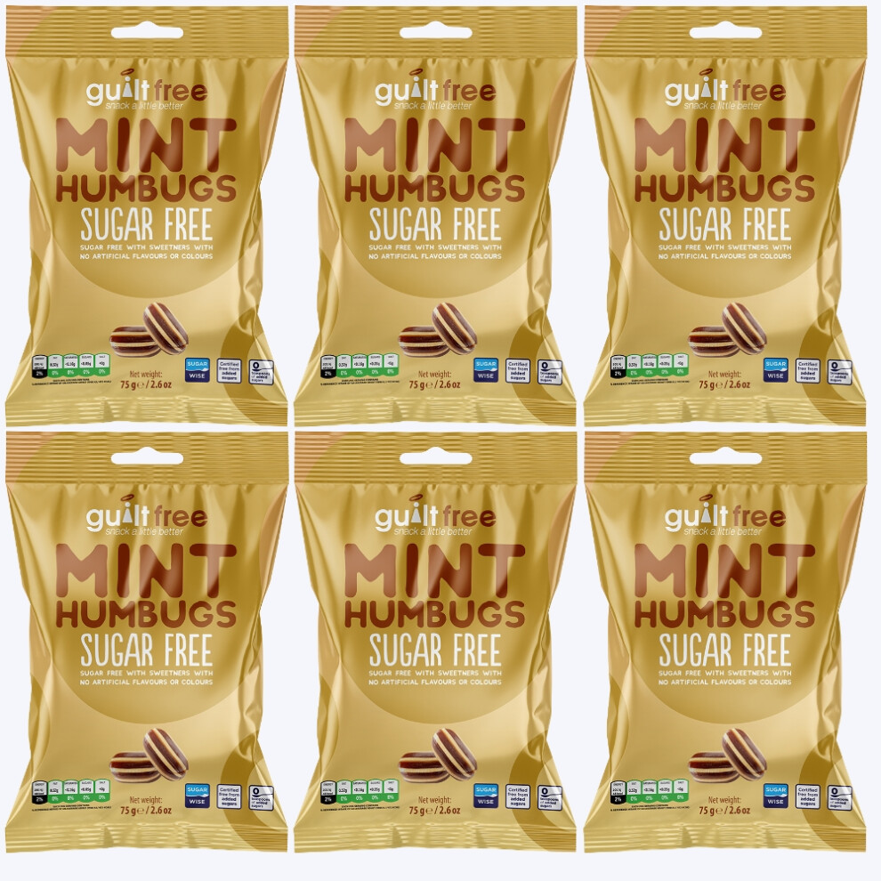 Guiltfree (Pack Of 6) Sugar Free Mint Humbugs Sweets 75G Diabetic Treats