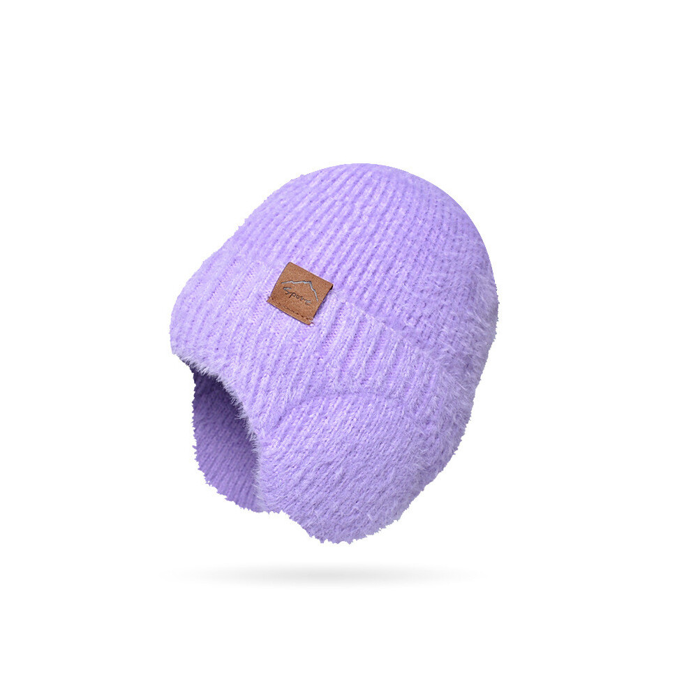(Purple)Sombrero De Punto CáLido Informal De Felpa Neutro De Color Liso Simple Con ProteccióN Para Los OíDos-image