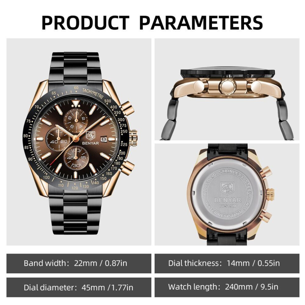 By Benyar Watch Watch Chronograph Analog Watch 30m Waterproof Business Simple Stylish Popular Formal Leather Belt Quartz Watch Gift For Men Silver