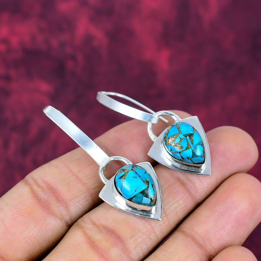 Copper Blue Turquoise Jewelry Handmade Gemstone Earrings, 925 Solid Sterling Silver Earrings Antique Jewelry, For Engagement Gift