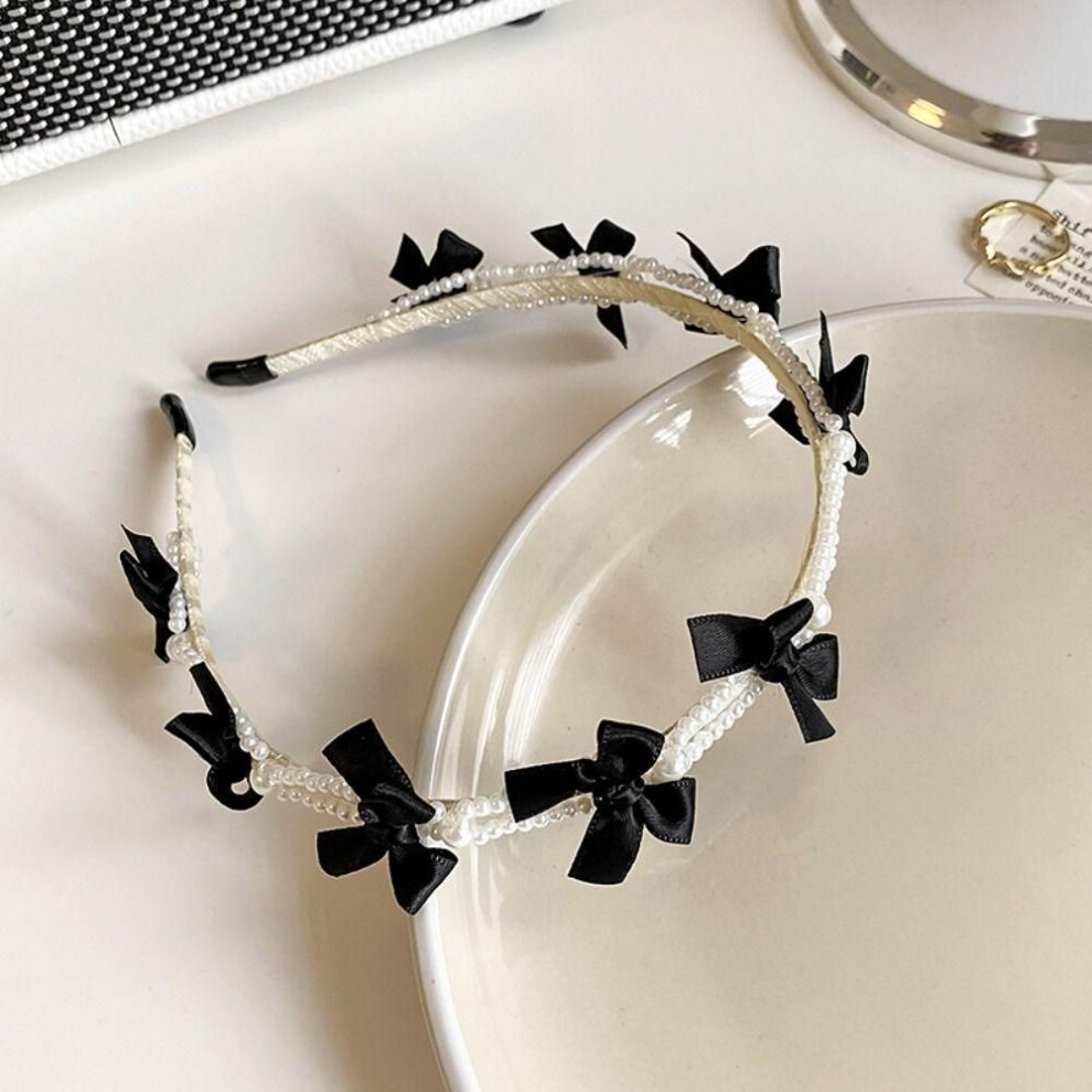 (black) Korean Style Bow Headband Headwear Pearl Hair Hoop Fashion Pearl Hair Band  Ladies
