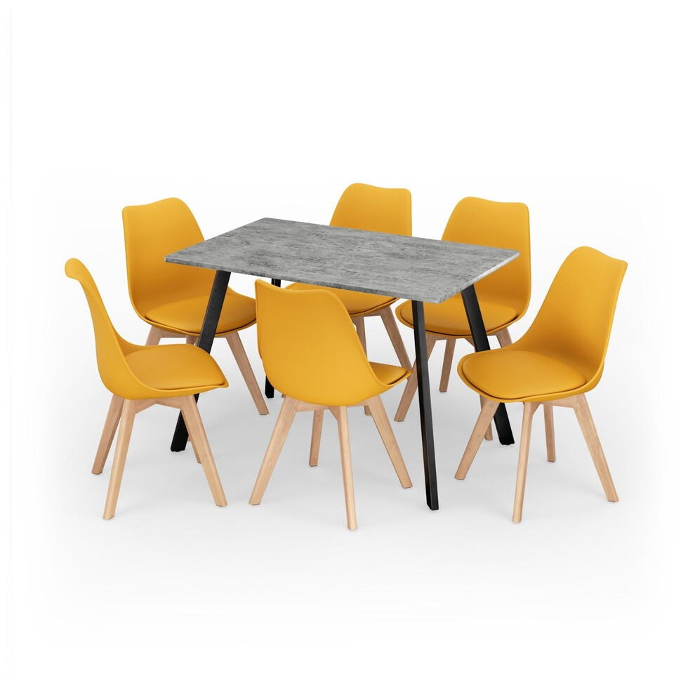 (Concrete, Yellow) Dining Table & 6 Pcs Tulip Chairs Set Modern Wood Metal Bistro Kitchen Furniture
