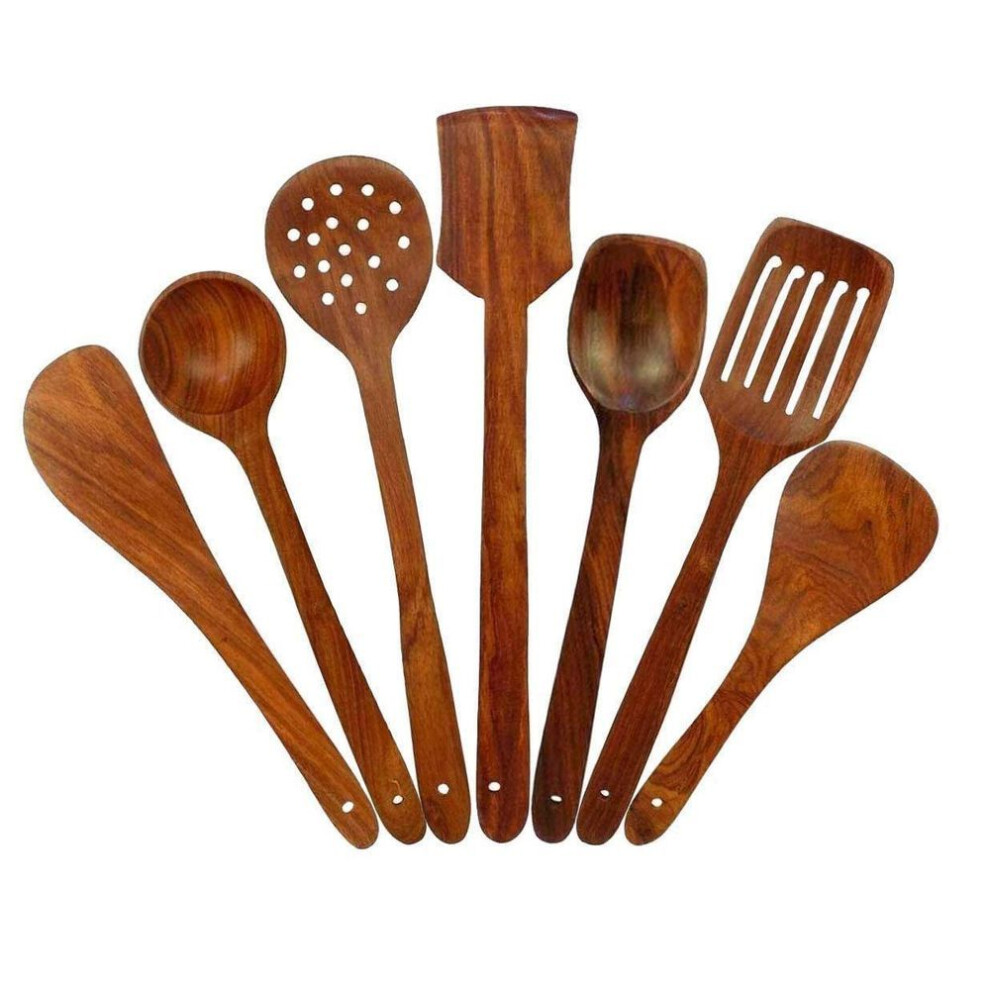 Wooden Serving And Cooking Spoons Wood Brown Spoons Kitchen Utensil Set Of 7 - 8.3 Cm
