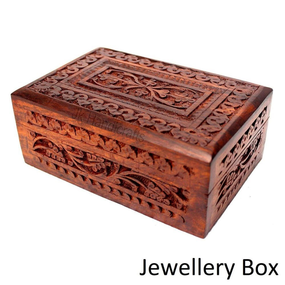 Handicrafts Handmade Wooden Jewellery Box For Women Wood Jewel Organizer Hand Carved With Intricate Carvings Gift Items - 6 Inches