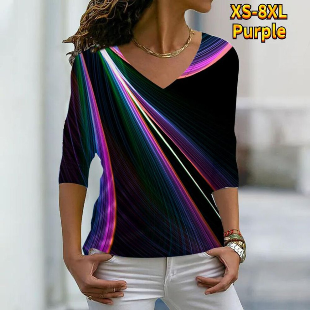(S, purple) Women Autumn Floral Sword Light Like A Shadow Printed Long Sleeve T-shirts Loose V-neck Plus Size Tee Shirt Tops Comfy Blouse