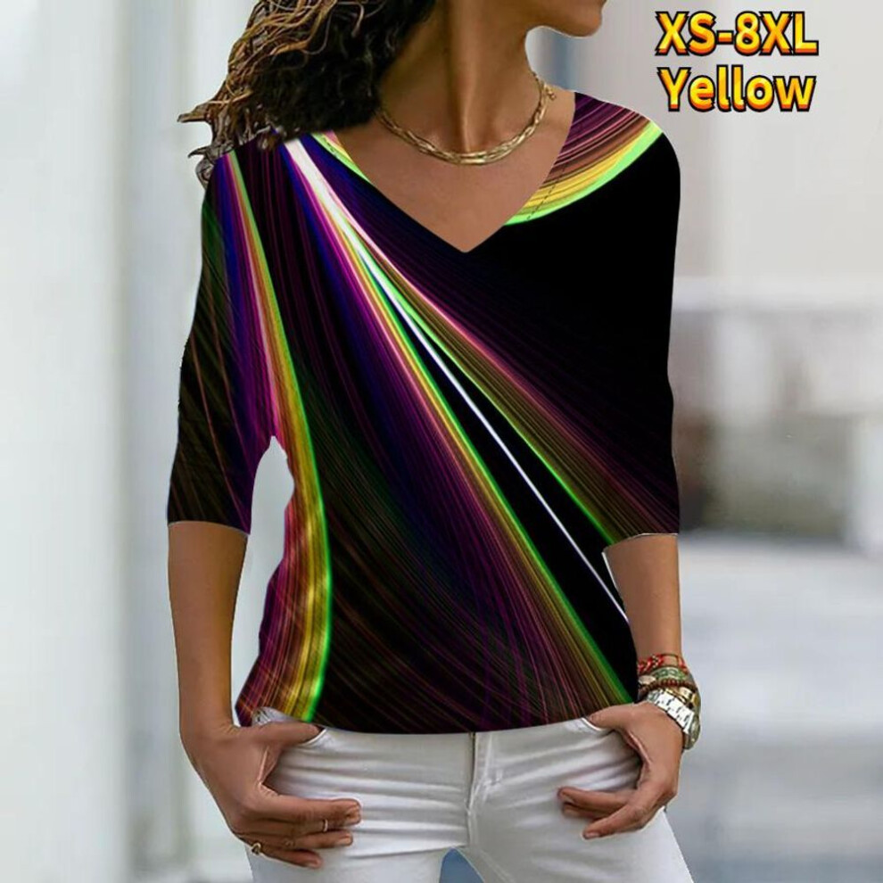 (6XL, yellow) Women Autumn Floral Sword Light Like A Shadow Printed Long Sleeve T-shirts Loose V-neck Plus Size Tee Shirt Tops Comfy Blouse