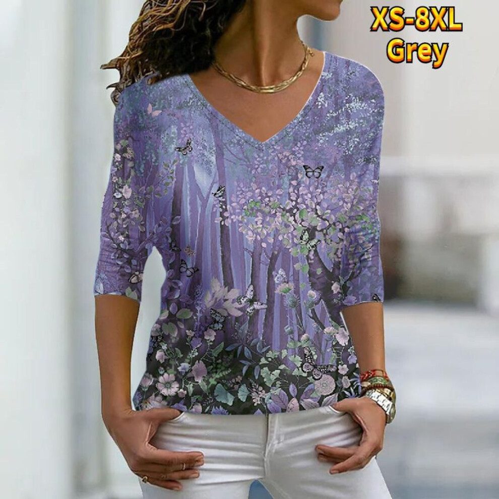 (XS, grey) Women Autumn Floral Broken Flower Garden Printed Long Sleeve T-shirts Loose V-neck Plus Size Tee Shirt Tops Comfy Blouse