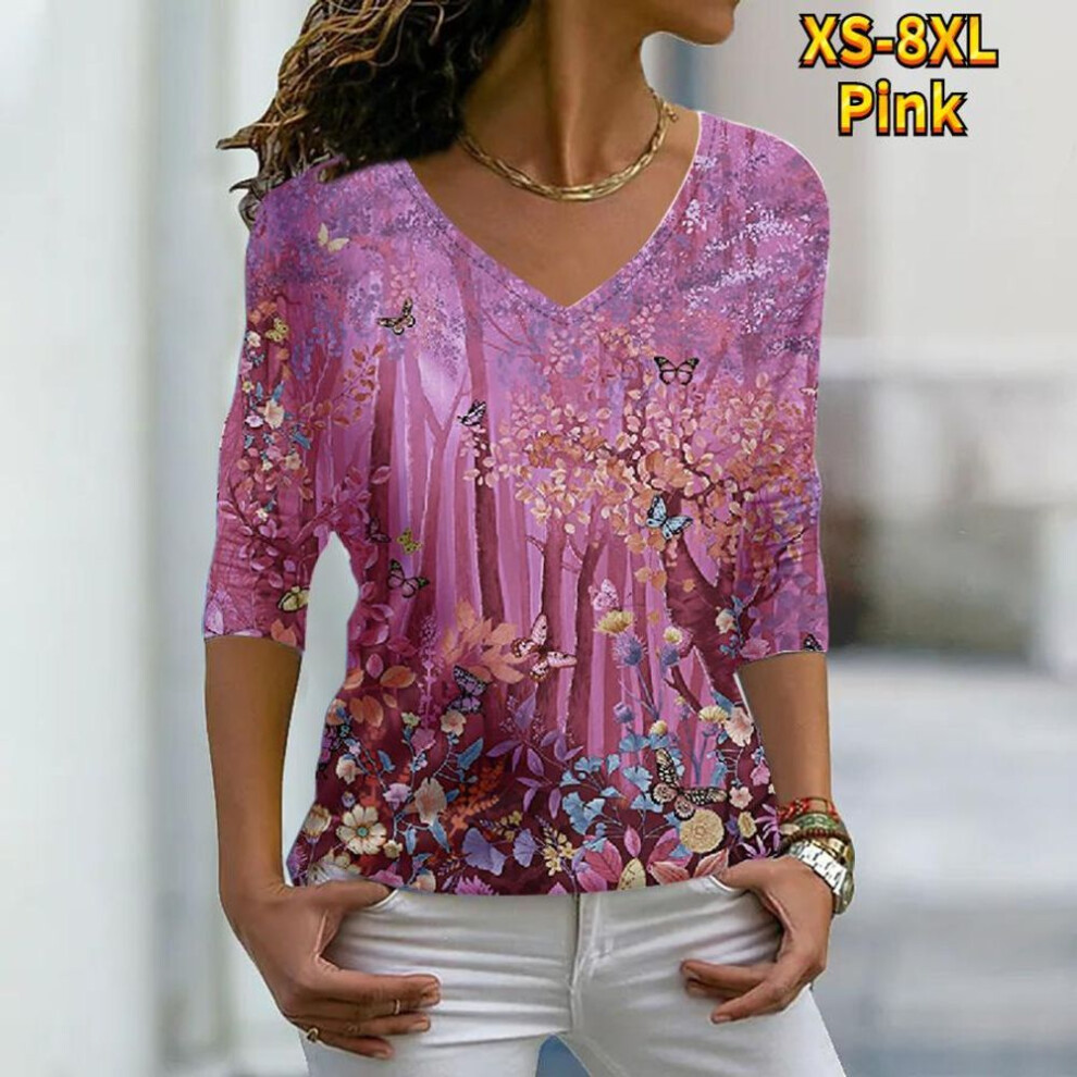 (XS, pink) Women Autumn Floral Broken Flower Garden Printed Long Sleeve T-shirts Loose V-neck Plus Size Tee Shirt Tops Comfy Blouse