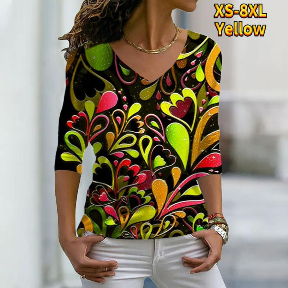 (XXL, yellow) Women Autumn Floral Colorful Flowers And Plants Printed Long Sleeve T-shirts Loose V-neck Plus Size Tee Shirt Tops Comfy Blouse