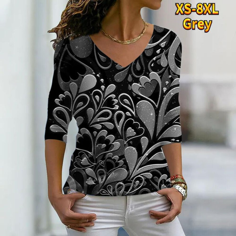(8XL, grey) Women Autumn Floral Colorful Flowers And Plants Printed Long Sleeve T-shirts Loose V-neck Plus Size Tee Shirt Tops Comfy Blouse