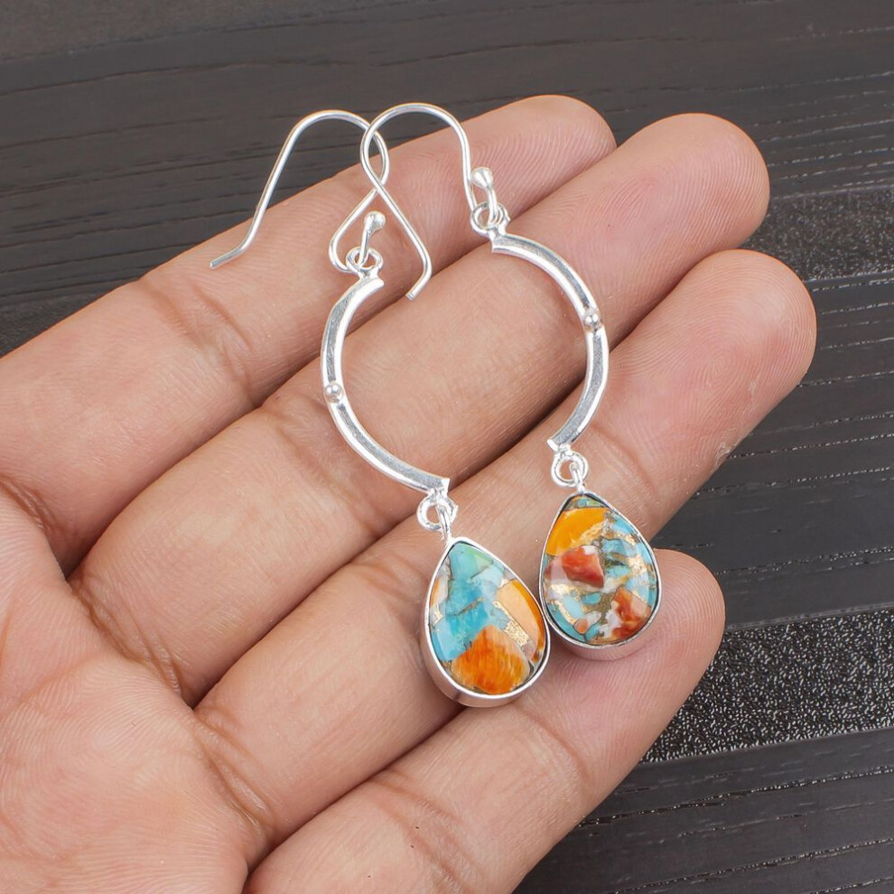 Spiny Oyster Gemstone Jewelry, 925 Solid Sterling Silver Handmade Designer Silver Earrings Gift For Women