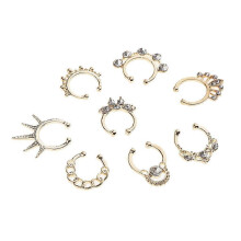 (As show, One size) 9pcs Mixed Style Fake Septum Non-Piercing Nose Ring Hoop Hanged Beaded - Gold