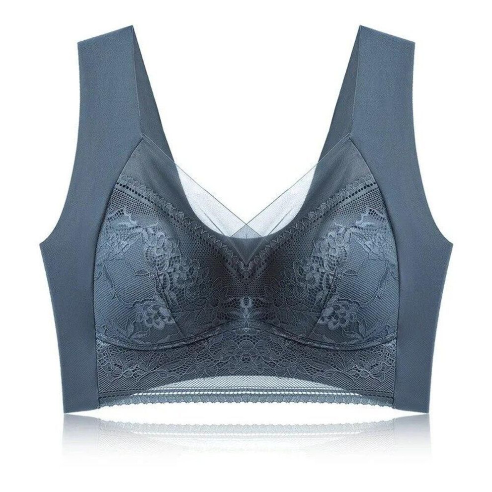 (blue, 3XL) Sexy Lace Bras For Women Perspective Full Cup Solid Color Brassiere V-neck Seamless Crop Top Female Push Up Breathable Lingerie