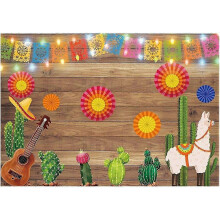 (As show, One size) Heyone 7X5ft Mexican Fiesta Theme Photography Backdrop Mexico Cactus Guitar Party Background Cinco de Mayo Colorful Flags Paper Flowers Banner Dress u